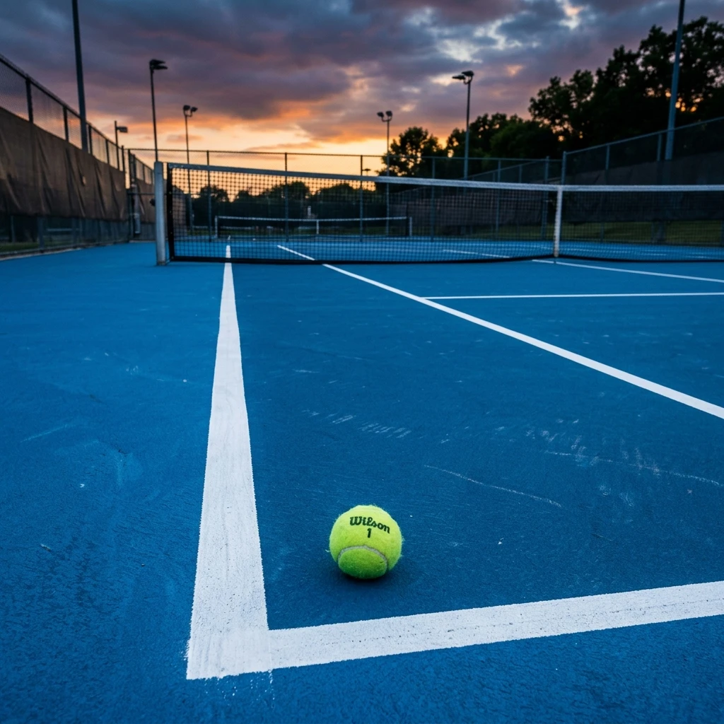 Pista de tenis azul con pelota — visión artística del tenis